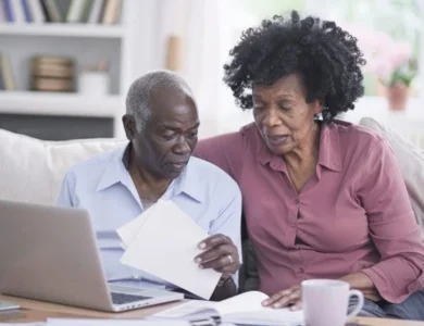 Senior couple checking and calculate financial billing together on sofa