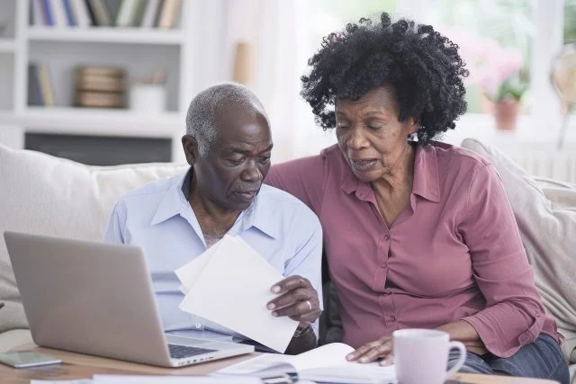 Senior couple checking and calculate financial billing together on sofa