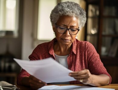 Senior african american woman reading a paper, representing bills and paperwork, worried look on her face